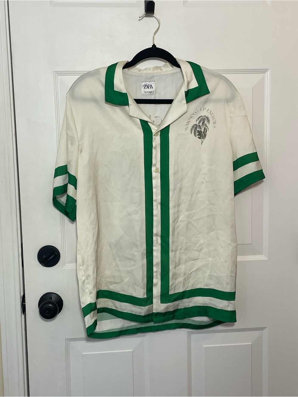 Zara White Short-Sleeve Button-Down Shirt with Green Trim